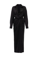 Black silk satin pleated midi dress by 21Six, featuring a flowing silhouette and elegant pleats on smooth satin fabric.