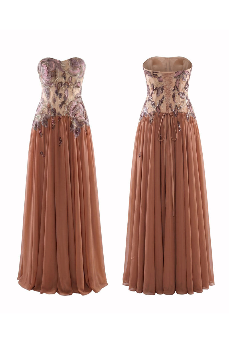 HACCHIC COUTURE Aurora embellished cinnamon rose maxi dress with intricate beadwork and flowing fabric.