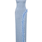 Blue Sudi Etuz maxi dress with rhinestones and lace ruffle detail, full-length gown perfect for elegant occasions.