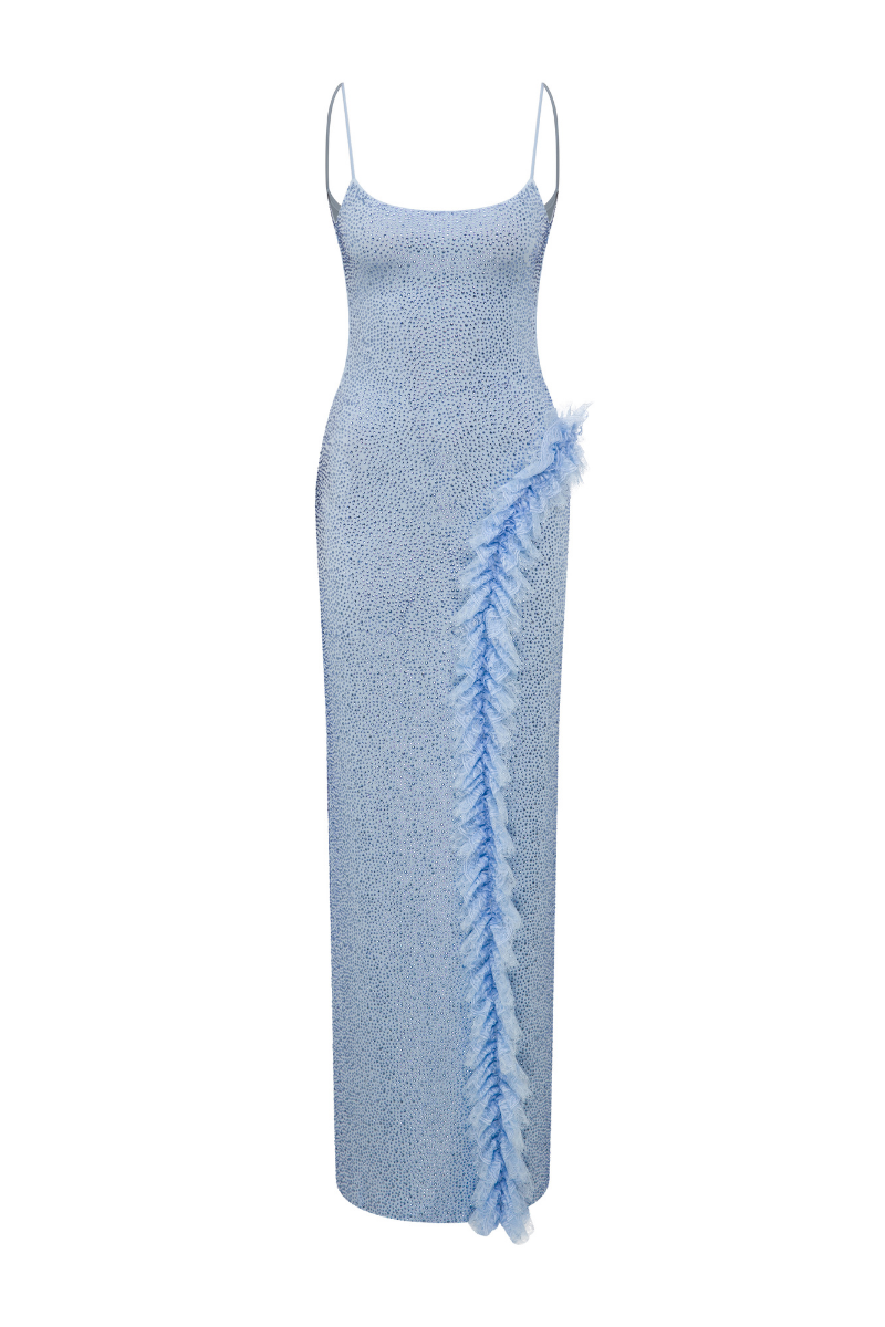 FULLY RHINESTONED MAXI DRESS WITH LACE RUFFLE DETAIL IN BLUE - CULT MIA
