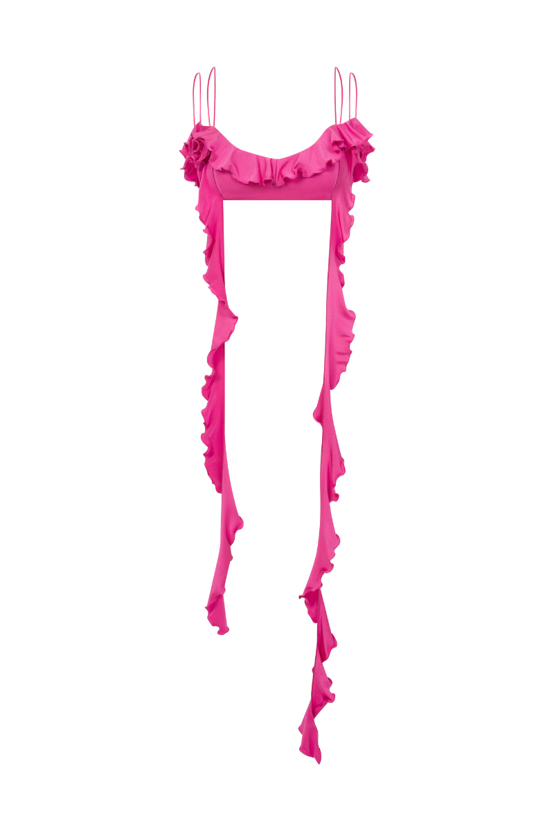 Pink Sudi Etuz jersey crop top with ruffles, stylish and lightweight, perfect for casual and trendy outfits.