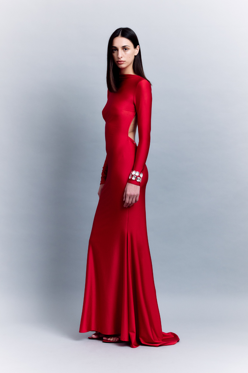 BACKLESS MAXI JERSEY DRESS WITH BEAD DETAILS - CULT MIA