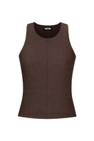 Dark brown denim tank top from TT Studios, Sadie style, featuring sleeveless design and casual fit, shown on a model.