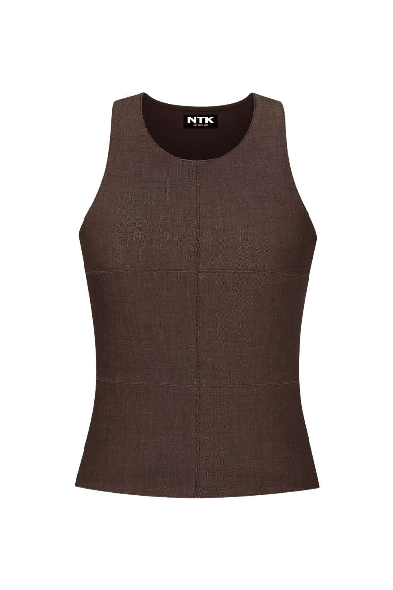 Dark brown denim tank top from TT Studios, Sadie style, featuring sleeveless design and casual fit, shown on a model.
