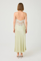 Bocan Couture Caroline long rayon nightgown with light green lace trim, soft fabric, and flowing silhouette.