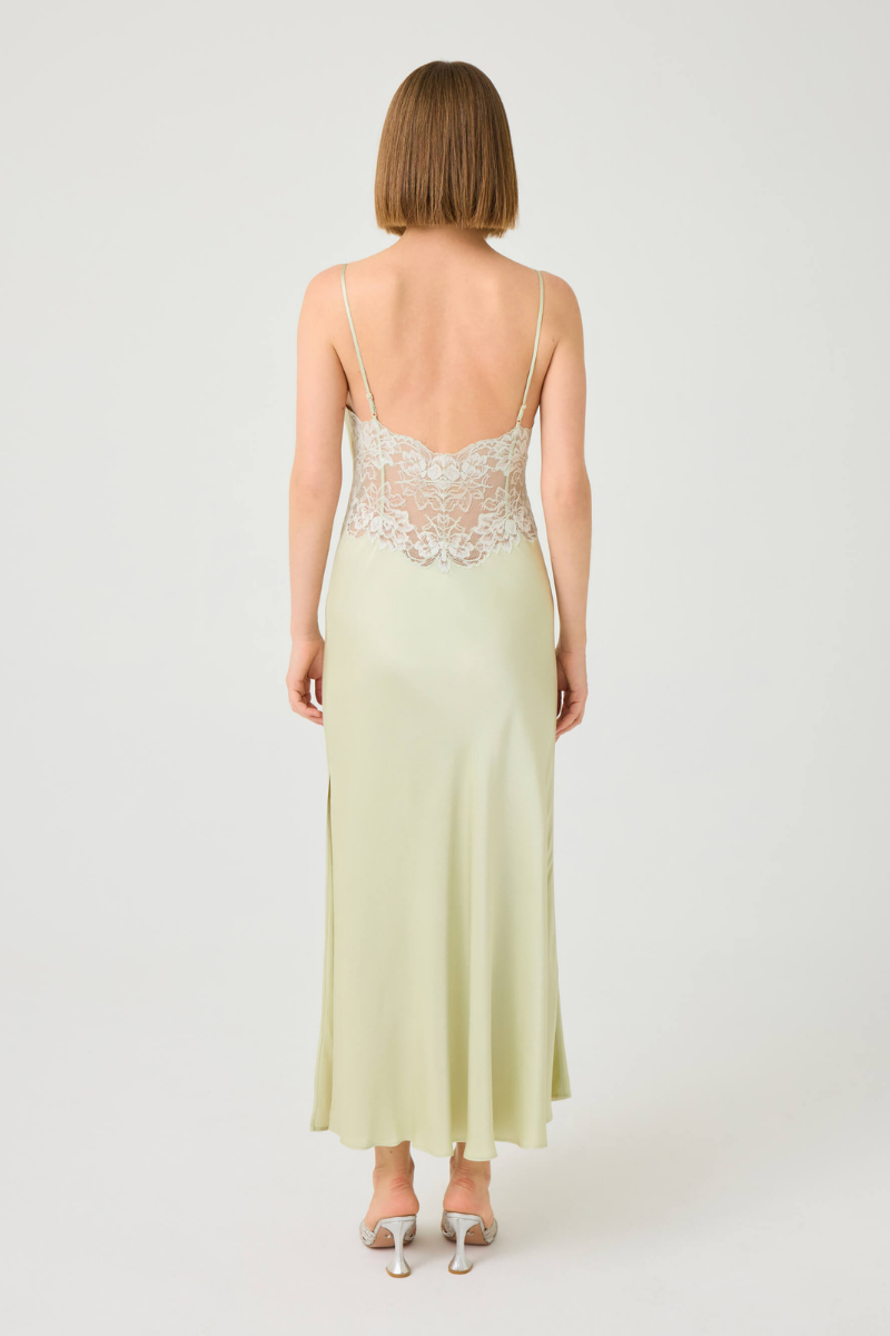Bocan Couture Caroline long rayon nightgown with light green lace trim, soft fabric, and flowing silhouette.