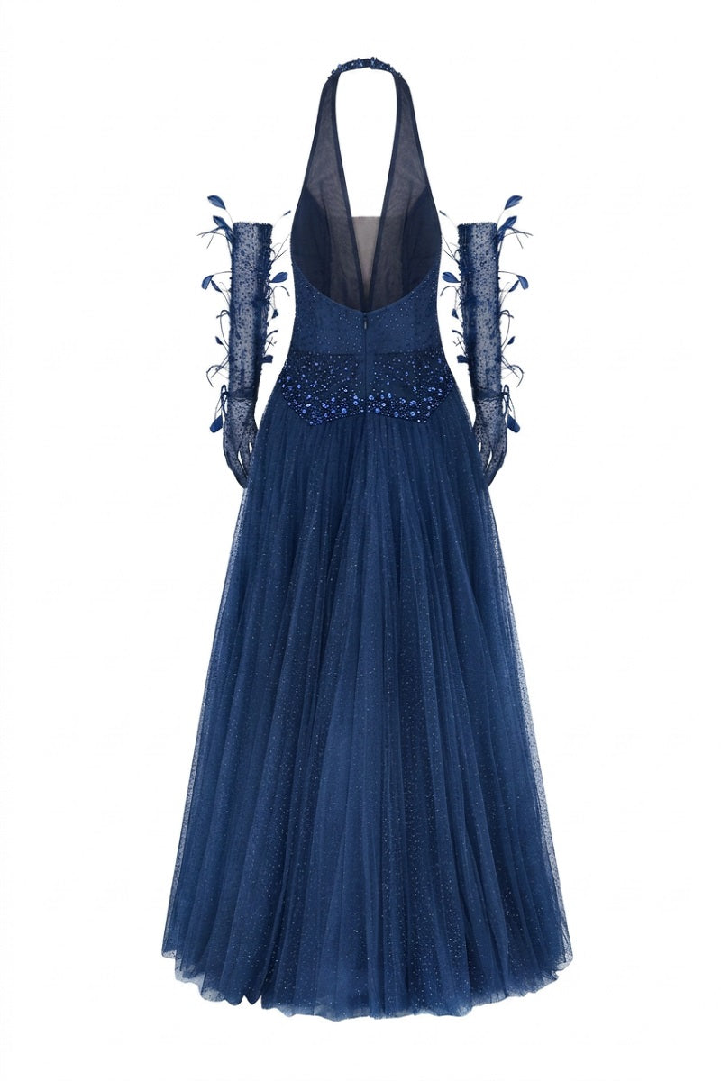 Dark blue Muriel glitter tulle gown by 21Six with matching gloves, elegant evening dress with shimmering fabric and intricate details.