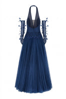 Dark blue Muriel glitter tulle gown by 21Six with matching gloves, elegant formal dress with shimmering embellishments.