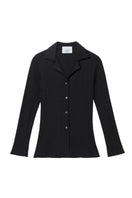 Dāl the Label modal rib knit collared cardigan featuring a button-up front and long sleeves, in soft, textured fabric.