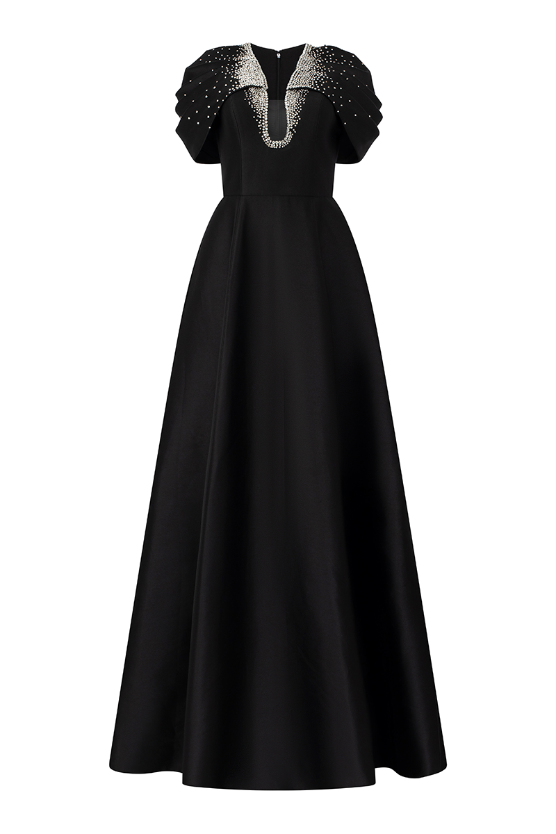 GATHERED CAPE SHOULDER A-LINE DRESS - CULT MIA