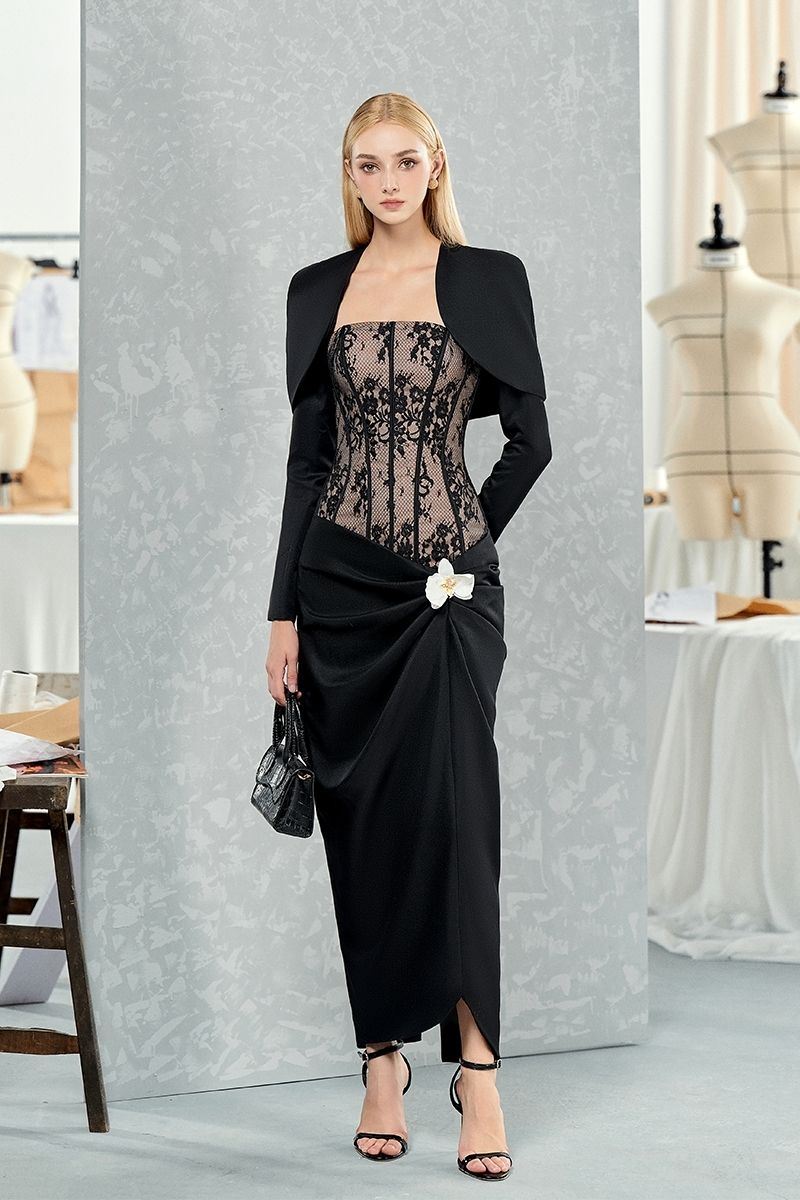 BLACK WAIST-CINCHED ORCHID AND CORSET SHIRT MIDI DRESS - CULT MIA