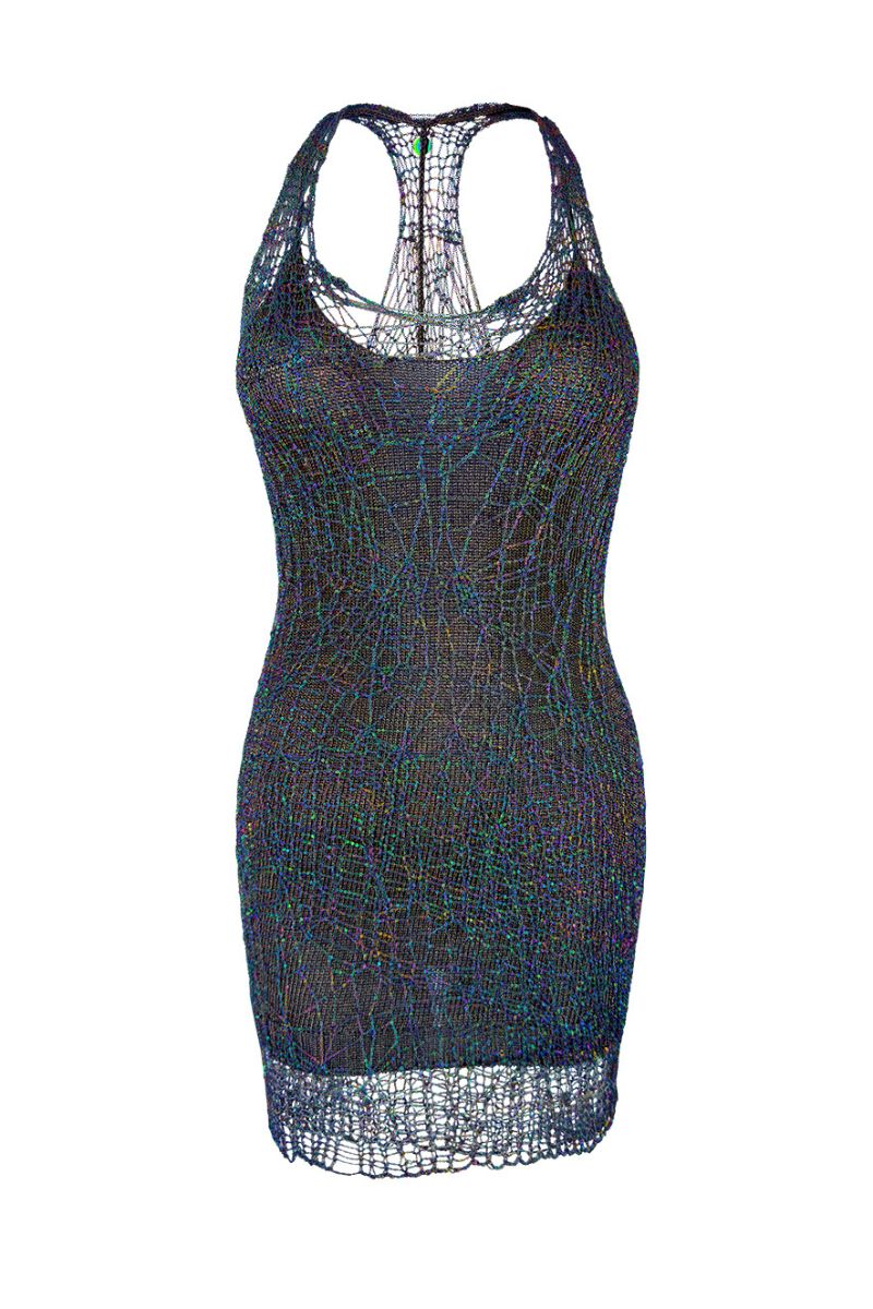 IRIDESCENT GUNMETAL CHAIN SPIDERWEB RACERBACK MINI DRESS - CULT MIA