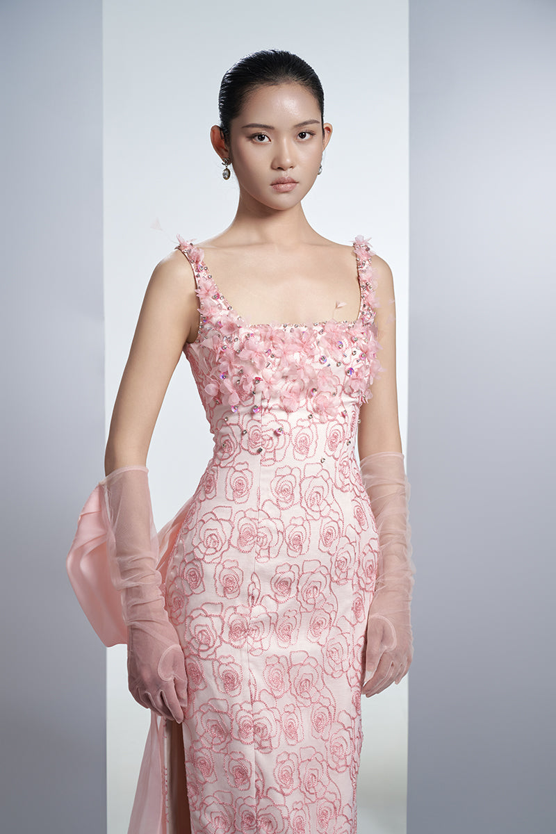 PINK ROSES ORGANZA MAXI DRESS WITH GLOVES IN PINK - CULT MIA