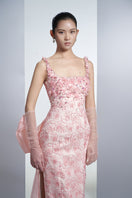 Pink roses organza gown with matching pink gloves from Happy Clothing, featuring a flowing fabric and elegant floral design.