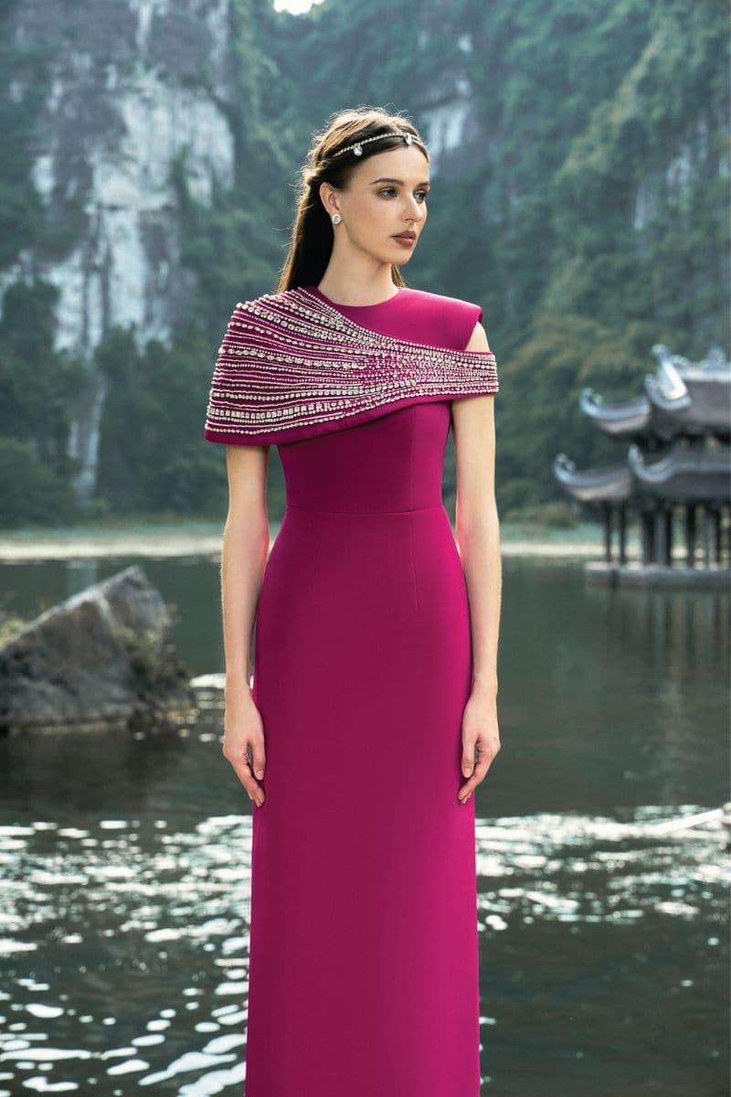 STONE EMBELLISHED ASYMMETRIC CAPE GOWN - CULT MIA