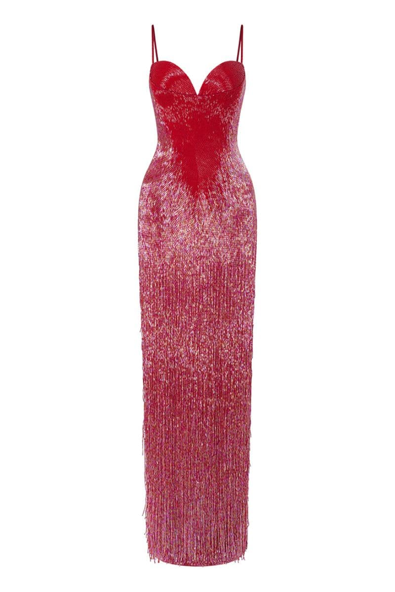 OYSTER RED LONG BEADED GOWN - CULT MIA