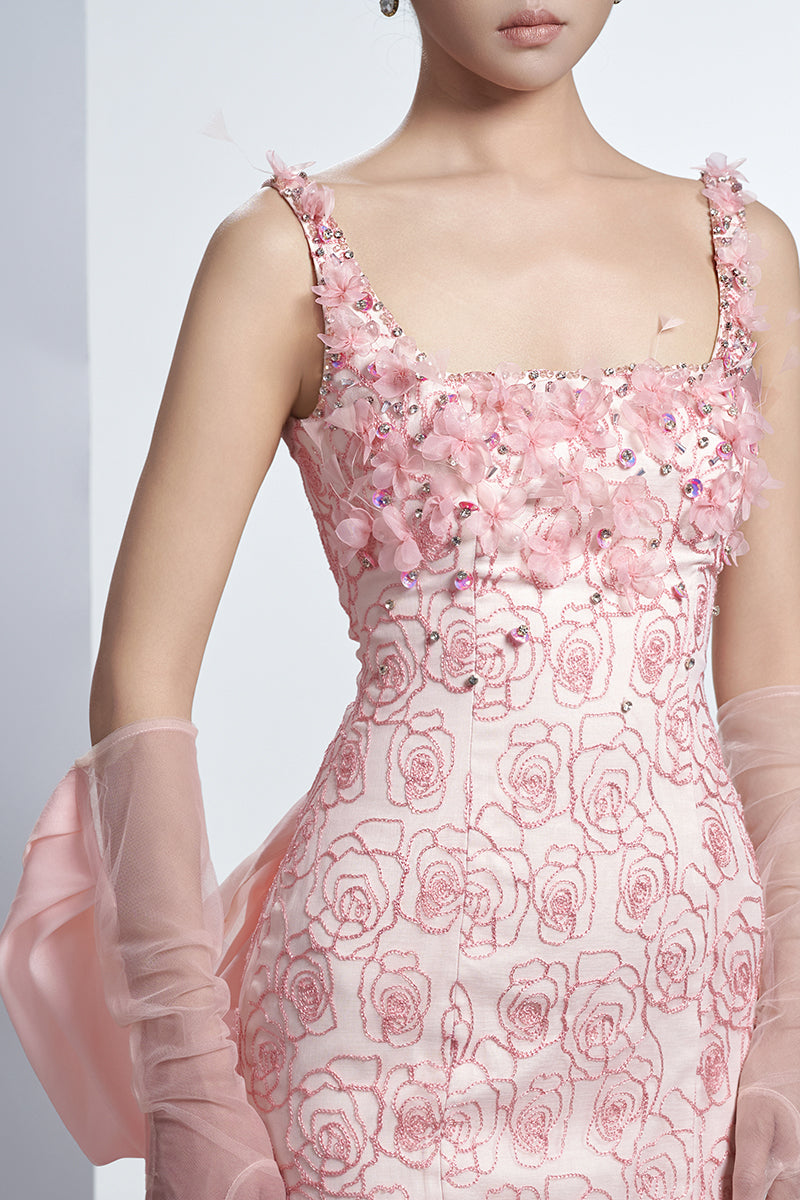 PINK ROSES ORGANZA MAXI DRESS WITH GLOVES IN PINK - CULT MIA