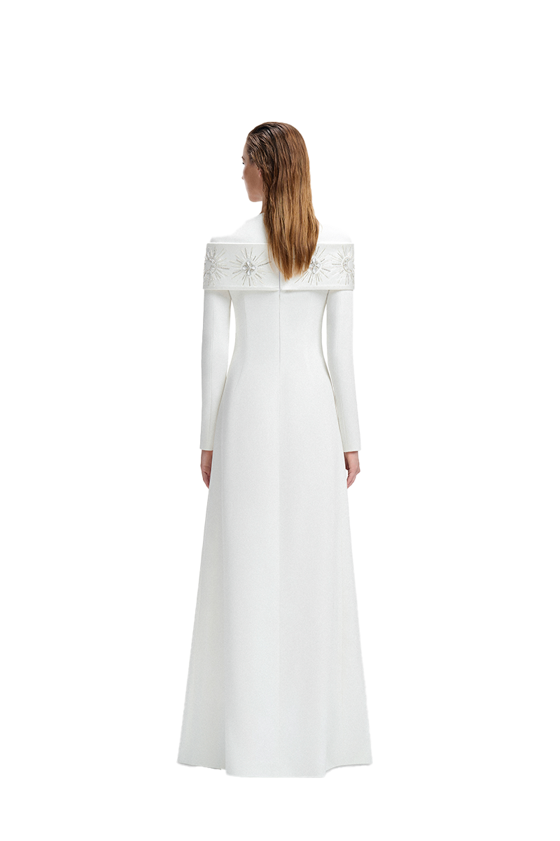 ROUND NECK SHOULDER CRYSTAL EMBELLISHED GOWN - CULT MIA
