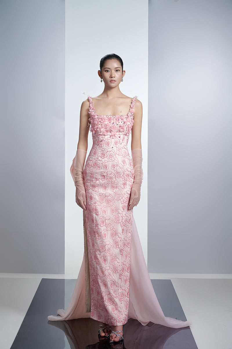 PINK ROSES ORGANZA MAXI DRESS WITH GLOVES IN PINK - CULT MIA