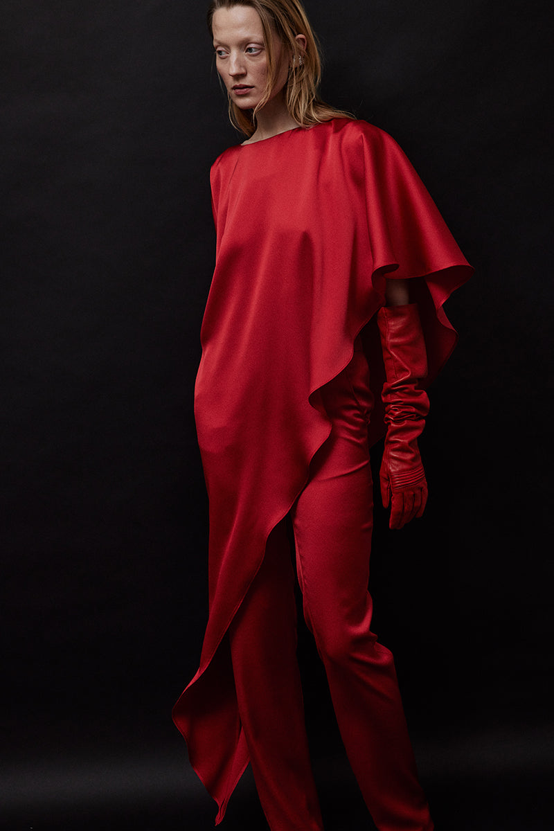 RED DRAPED SATIN CREPE BLOUSE - CULT MIA