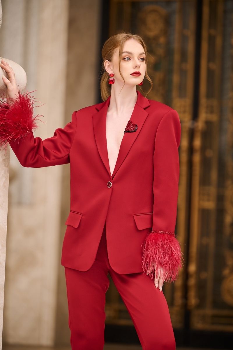 RED KELLY TAFFETA FEATHER SUIT JACKET AND PANTS SET - CULT MIA