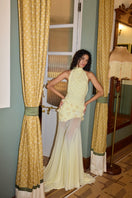 Deme by Gabriella Celeste Maxi Dress displayed on a hanger, featuring flowing fabric and elegant design for formal occasions.