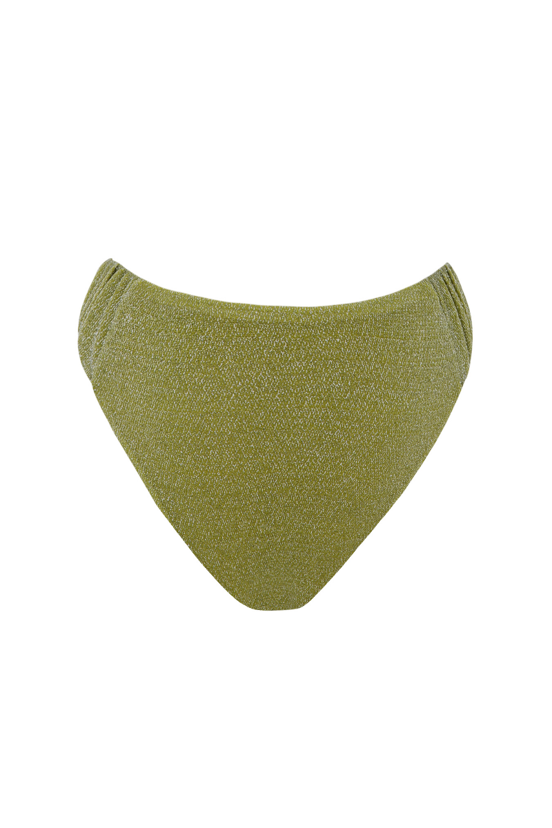 Bright lime green Suncillo Gina sparkly bikini bottom with shimmering details, shown on a model.