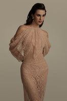 Poem Vespera nude pink gown with elegant flowing fabric and delicate design, perfect for formal occasions.