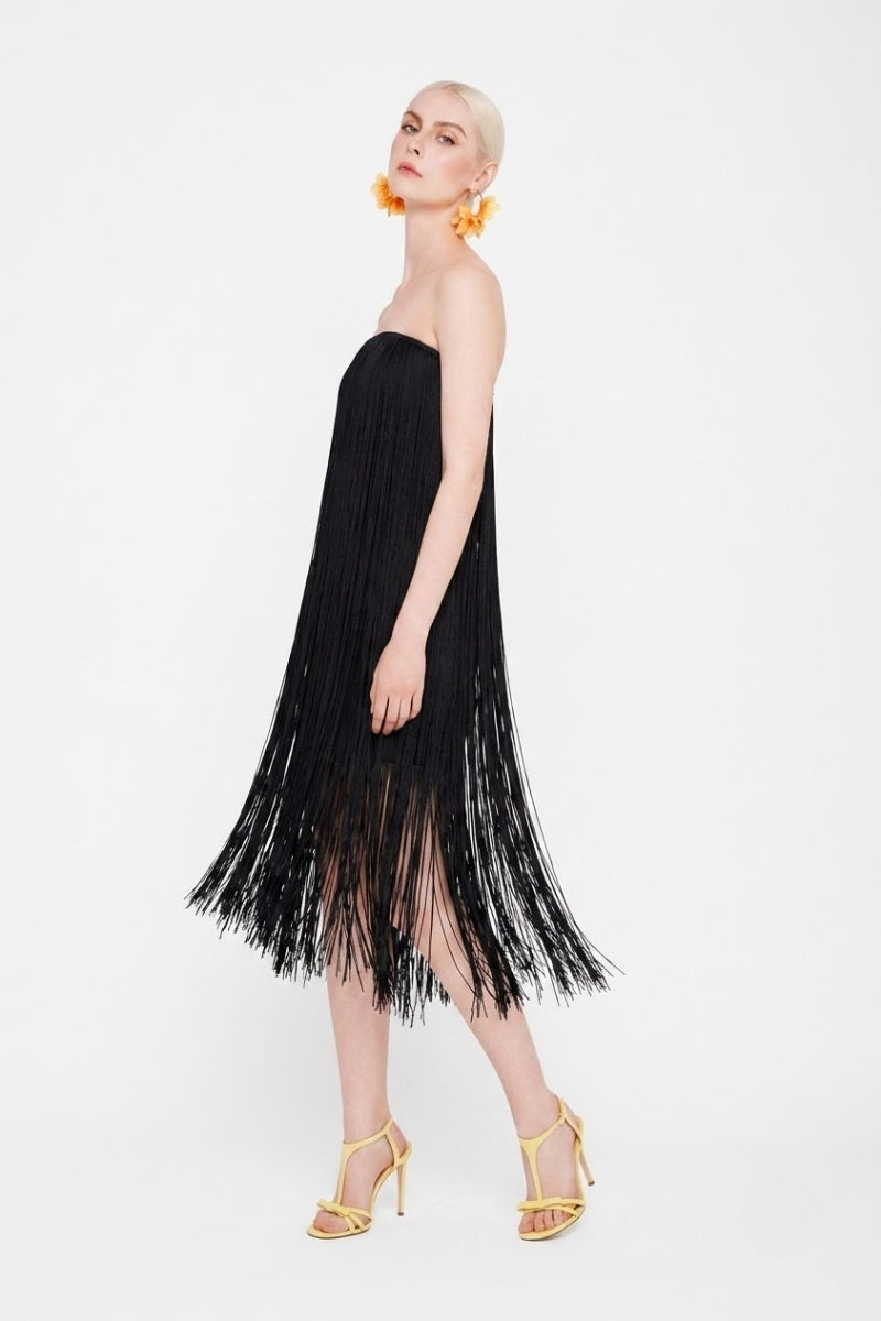 Black Valenciani all-over fringe midi dress with flowing fringe details and a stylish midi length, perfect for elegant occasions.