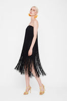 Black Valenciani all-over fringe midi dress with flowing fringe details and a stylish midi length, perfect for elegant occasions.