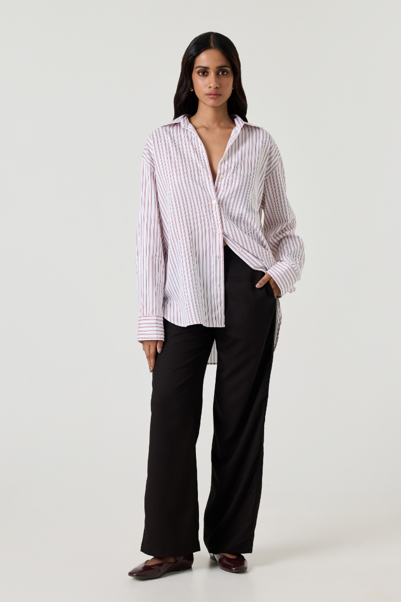 Summer Away Ravenna shirt in burgundy stripe, featuring a stylish button-up design and classic collar.