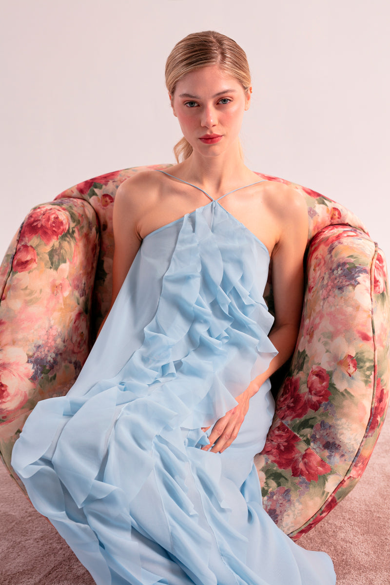 Sky blue AQUA maxi dress by OVERTHESEA featuring flowing fabric and a sleeveless design, perfect for warm weather.