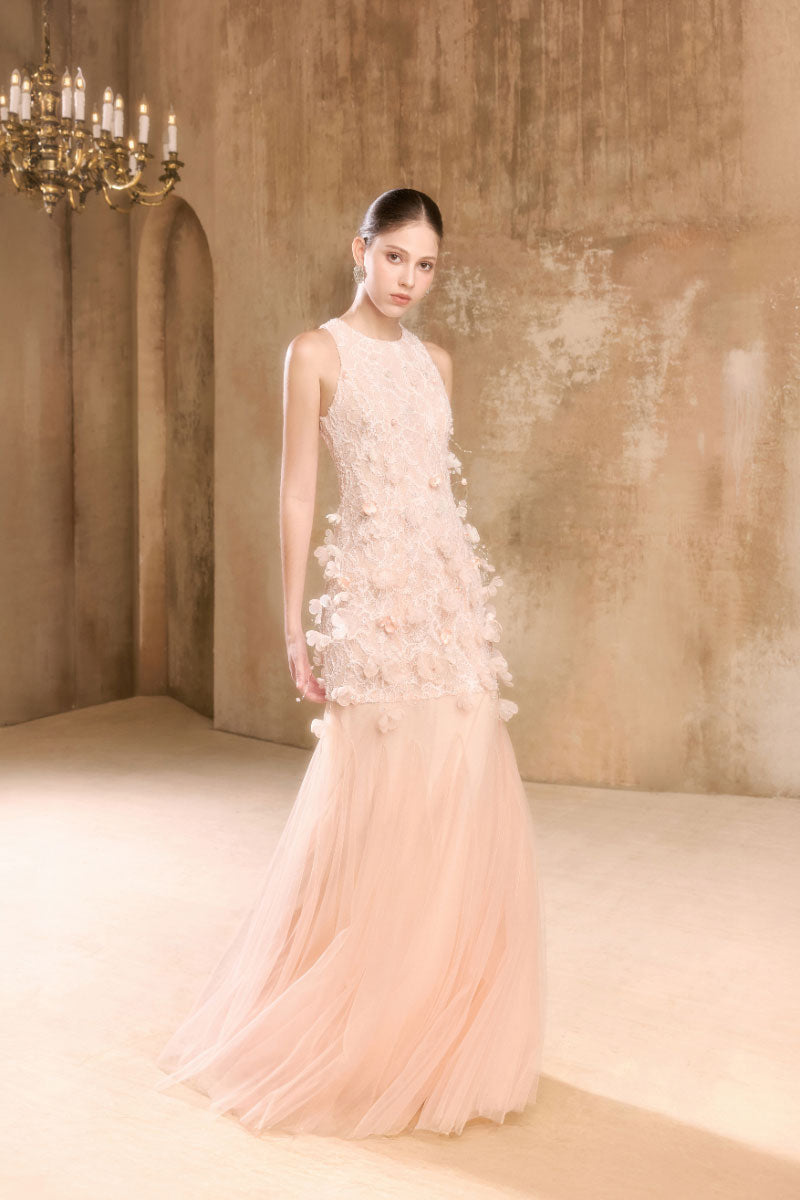 Elegant FLARIN gown by Arti Apparel featuring a flowing design with intricate detailing, perfect for formal occasions.