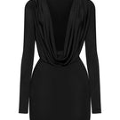CEM deep plunging draped neckline mini dress in black, featuring a fitted silhouette and stylish design.