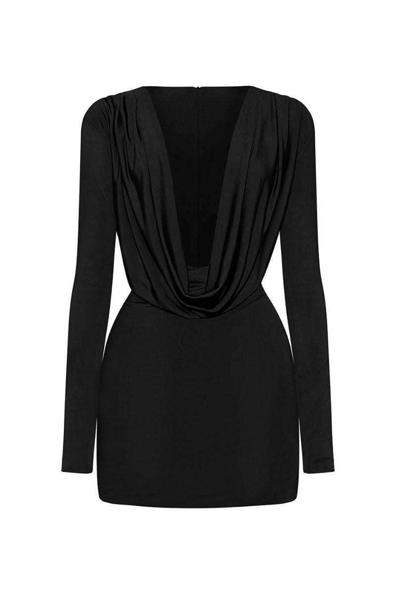 DEEP PLUNGING DRAPED NECKLINE MINI DRESS - CULT MIA