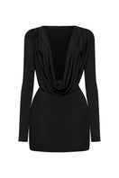 CEM deep plunging draped neckline mini dress in black, featuring a fitted silhouette and stylish design.