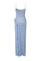 Blue fully rhinestone maxi dress with lace ruffle detail by Sudi Etuz, featuring intricate embellishments and flowing silhouette.