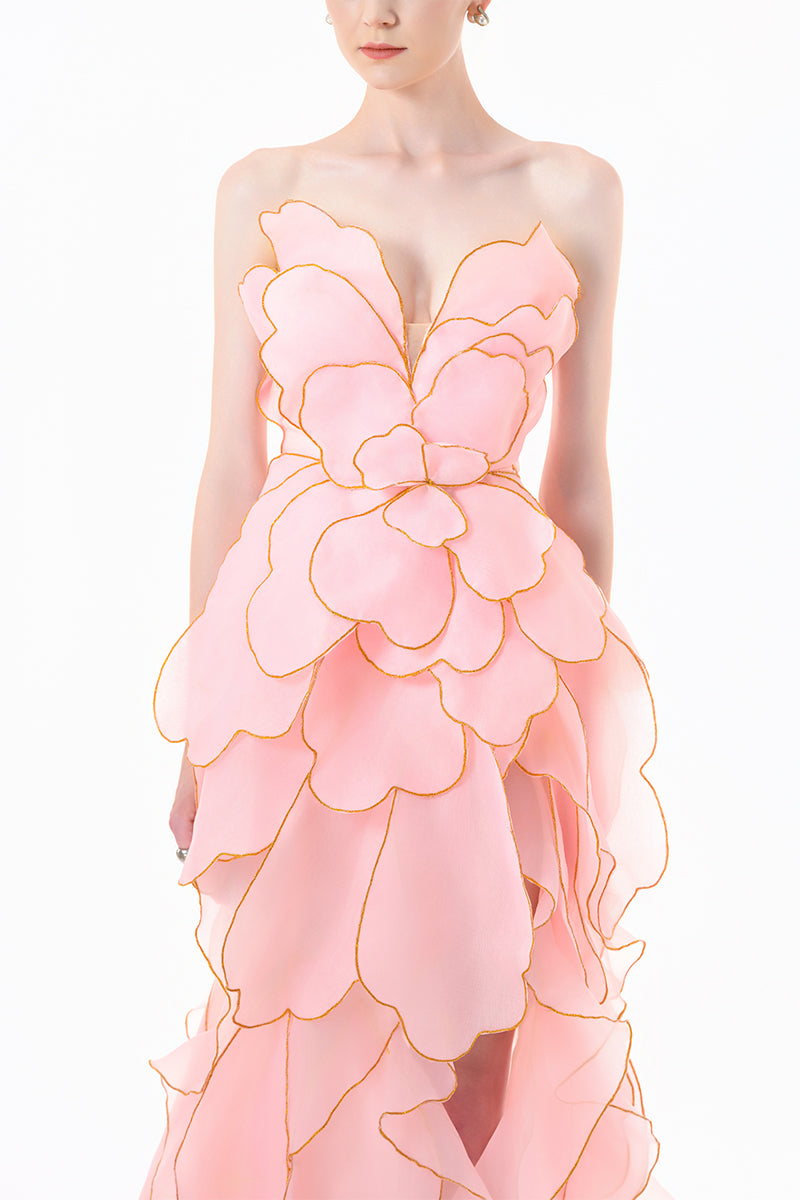 Blooming Blush Rose tiered gown by Happy Clothing, featuring soft blush fabric, romantic ruffle details, and a flowing silhouette.