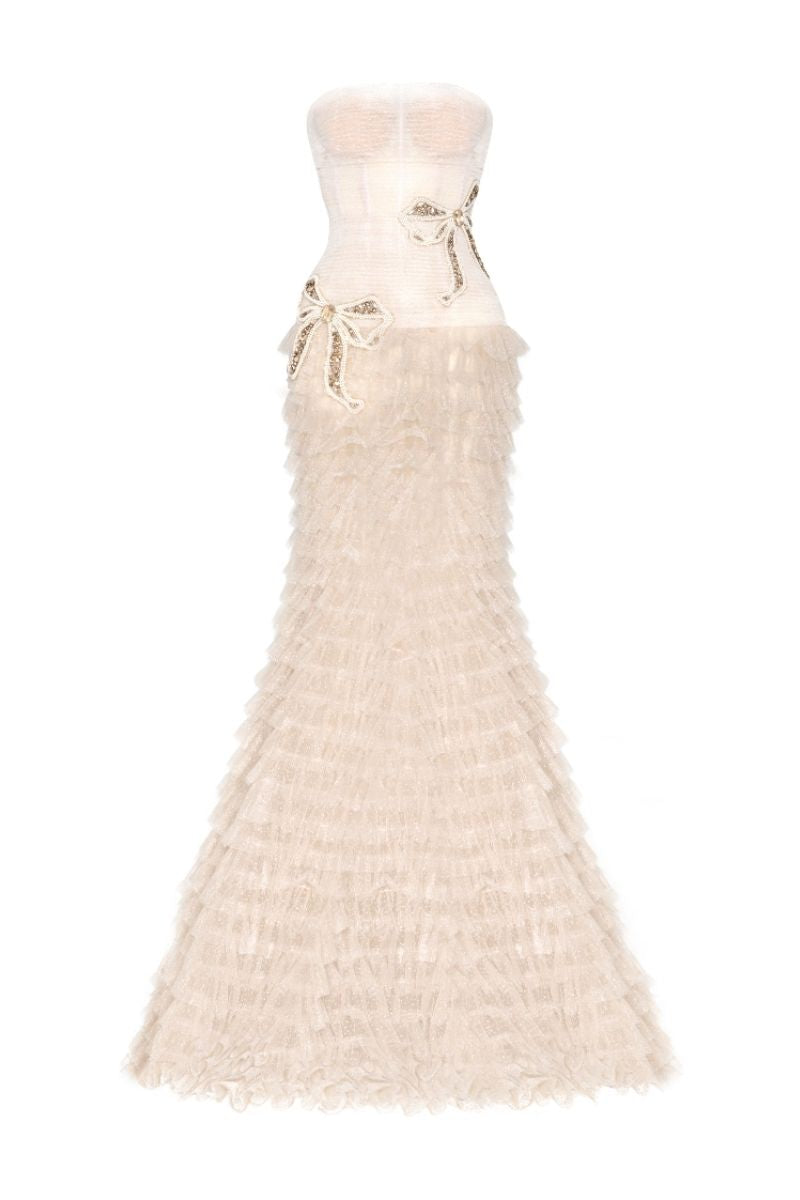 IVORY BOW TIE BEADED GOWN - CULT MIA