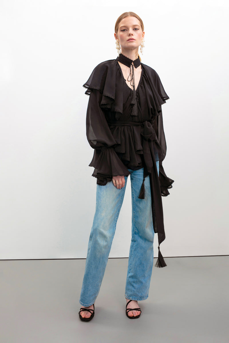 OvertheSea Ocean of Tenderness black blouse, stylish tops with soft fabric and elegant design, shown on a model.