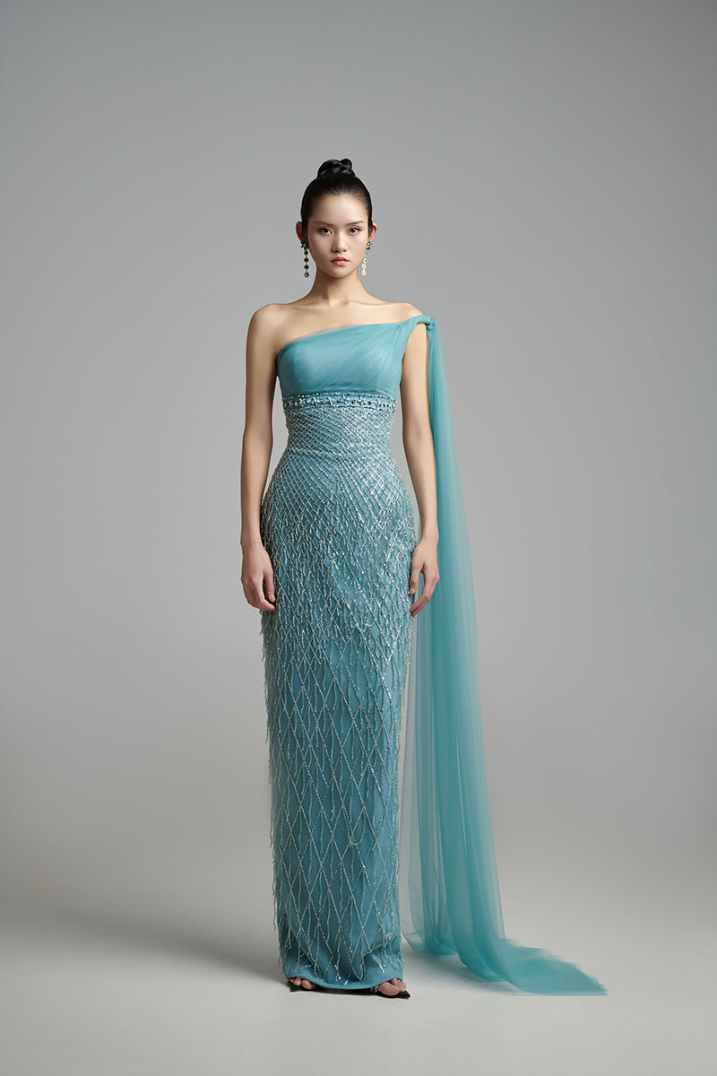 Elegant A-line one-shoulder organza gown by Happy Clothing, featuring flowing fabric and a sophisticated silhouette.