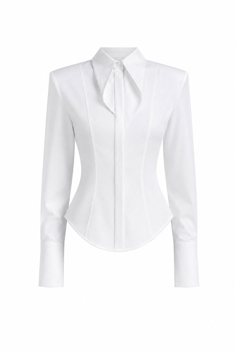 White cupped collar shirt by KEIRA TONG, featuring a stylish collar and classic shirt design, displayed on a hanger.