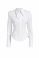 White cupped collar shirt by Keira Tong, featuring a classic design with a fitted silhouette and button-up front.