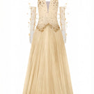 Beige and corisande glitter tulle gown with matching glitter tulle gloves by 21Six, featuring elegant, shimmering fabric and intricate details.