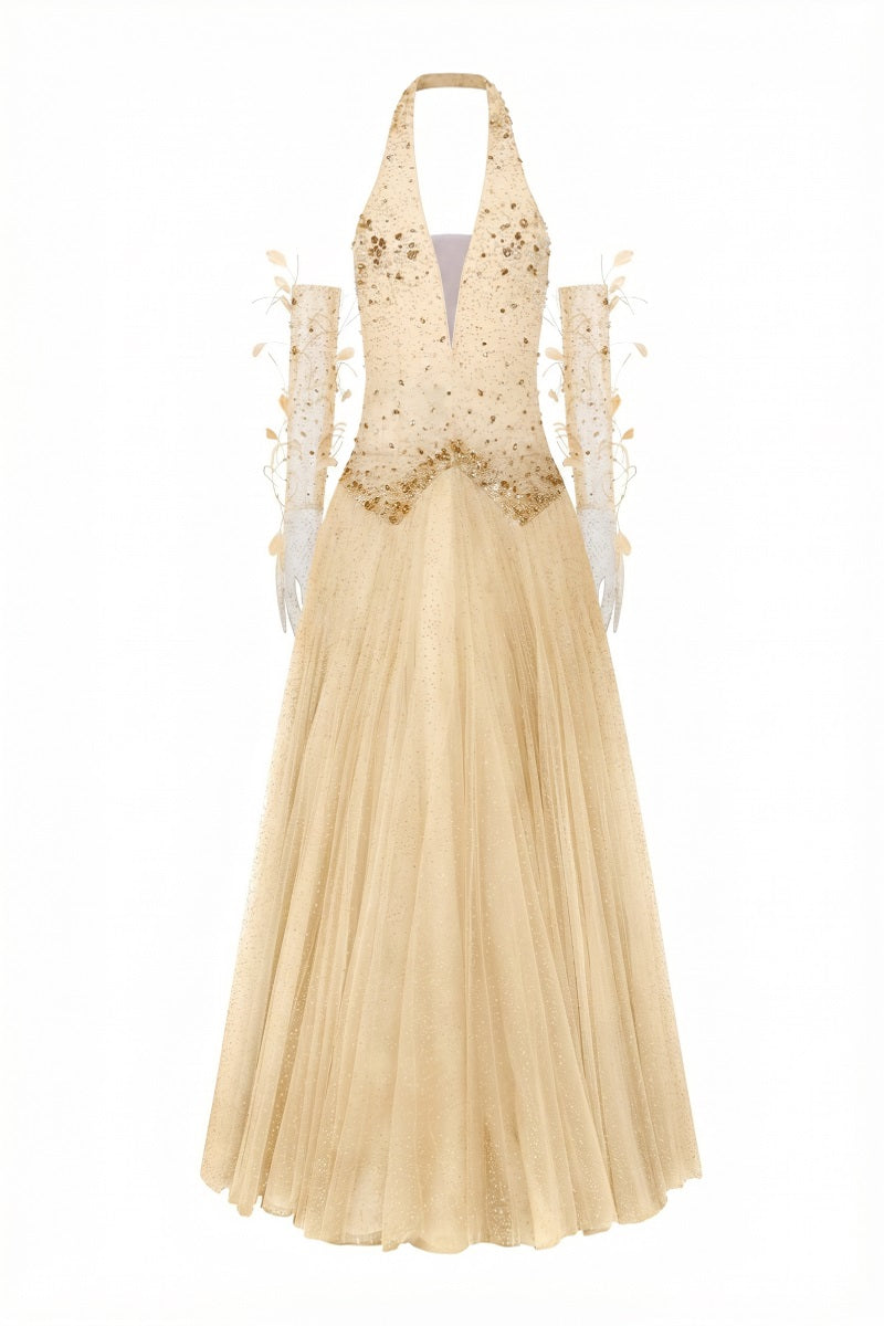 Beige and corisande glitter tulle gown by 21Six with matching glitter tulle gloves, featuring elegant, shimmering fabric and intricate design.