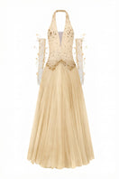 Beige and corisande glitter tulle gown with matching glitter tulle gloves by 21Six, featuring elegant, shimmering fabric and intricate details.