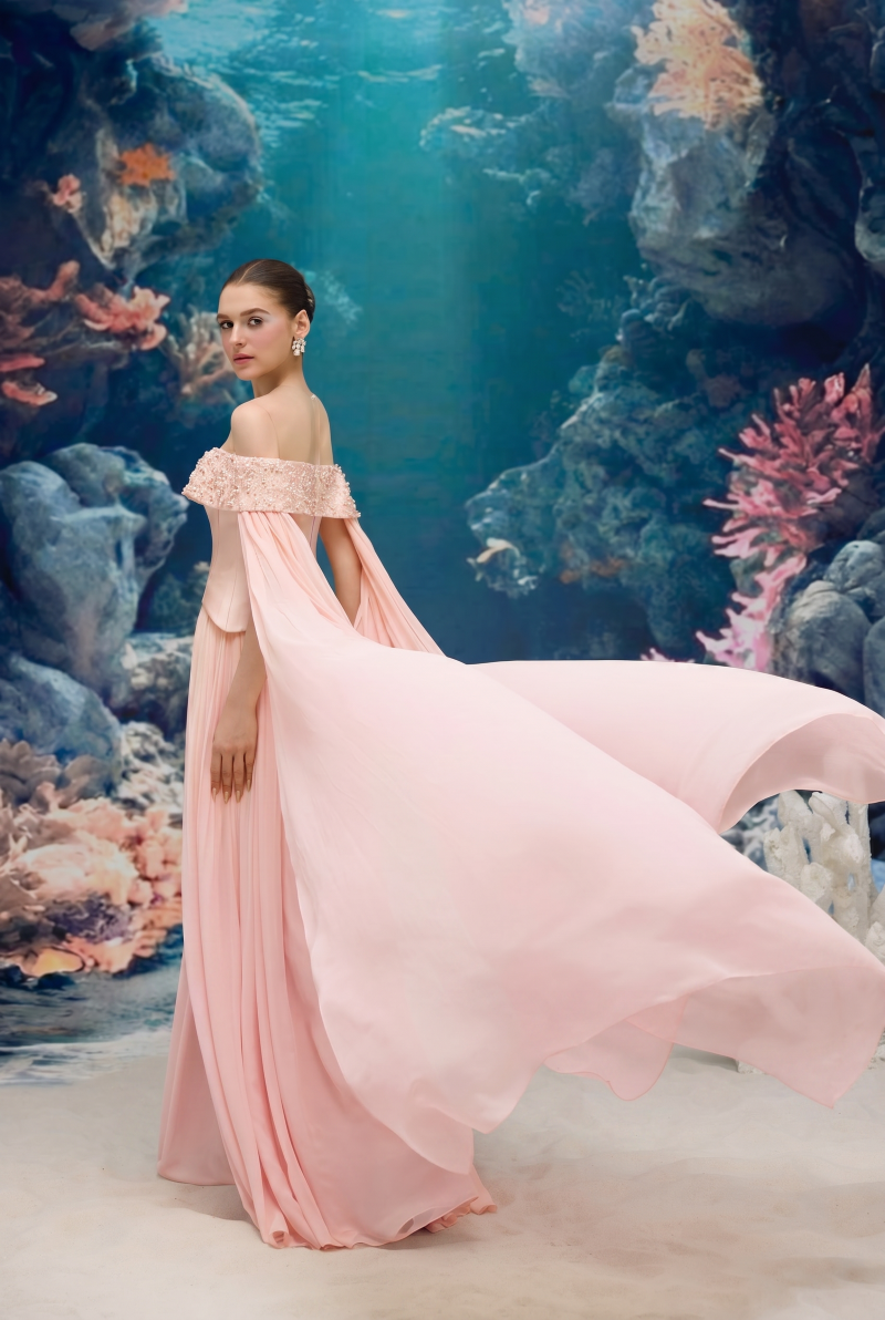 Light pink Isabeau royal taffeta and chiffon gown by 21Six, elegant floor-length dress with flowing fabric and intricate detailing.