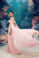 Light pink Isabeau Royal taffeta and chiffon gown by 21Six, elegant evening dress with flowing fabric and intricate design.