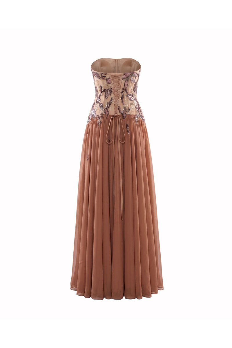 HACCHIC COUTURE Aurora embellished cinnamon rose maxi gown with intricate beadwork and flowing fabric for elegant occasions.