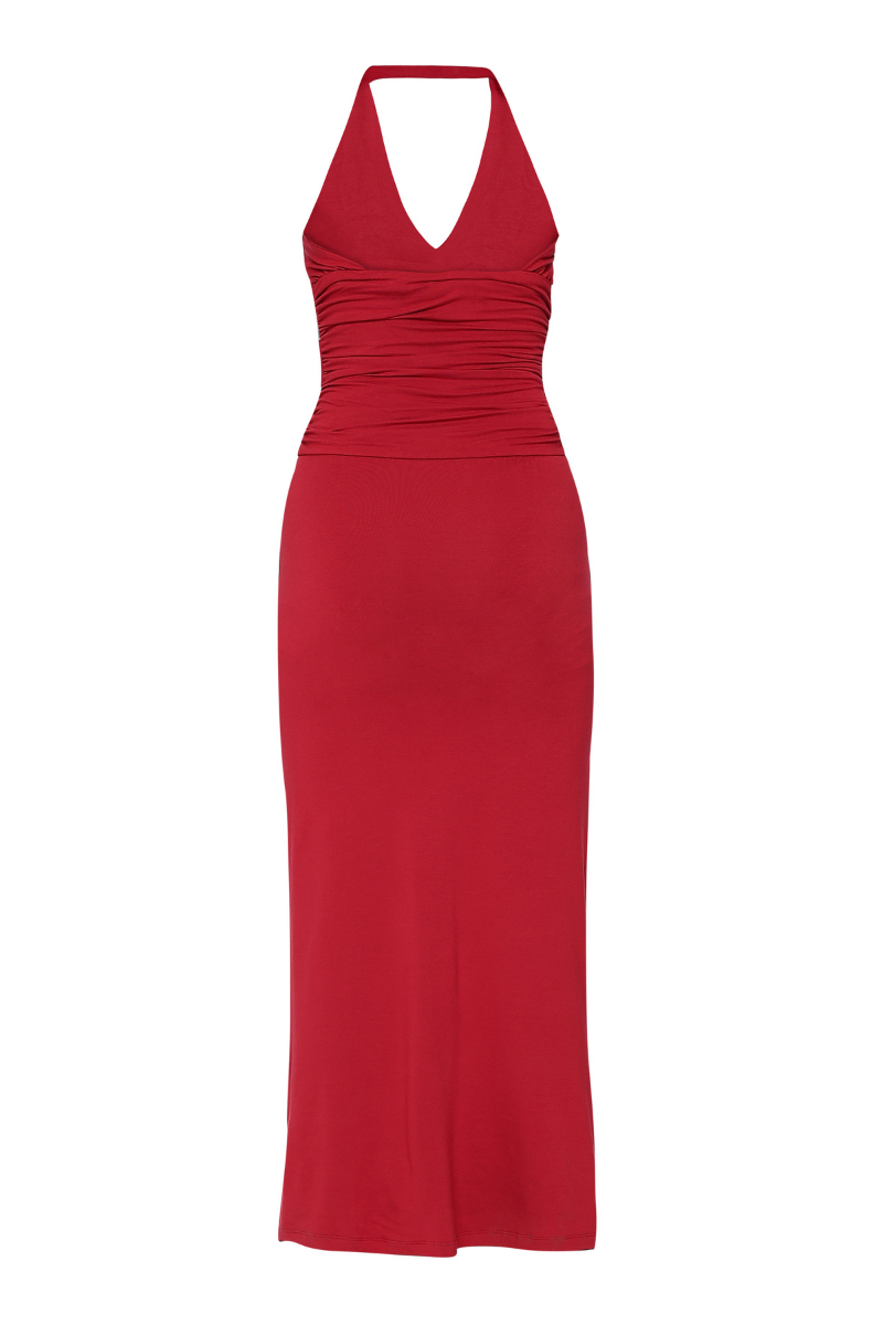 Summer Away Garda Maxi Dress in cherry with flowing fabric and sleeveless design, perfect for summer wear.
